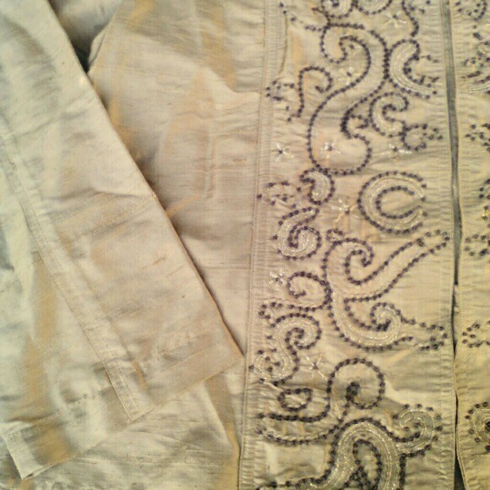 Beaded Gold 100% Silk Chico's Mandarin Embroidered Beaded  Kimono Blazer Jacket - Picture 2 of 8